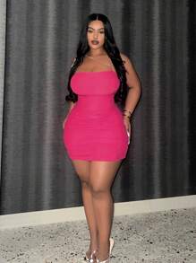 Slaydiva 大碼素色褶邊緊身洋裝 - 玫紅色 - 查看 5