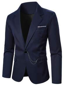 Manfinity Mode Men Lapel Neck Single Button Blazer & Suit Pants - Navy Blue - View 4
