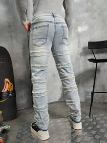 Manfinity Roghcode Men's Frayed Edge Denim Jeans - Blue - View 2