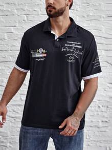 Manfinity Homme 男士大码標語圖案拼接邊POLO衫 - 藍色 - 查看 1