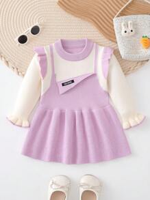 Đứa bé gái Hai âm Viền Ruffle Chi tiết Patched thư tay áo lá sen Đầm Áo len - Màu tím - Xem 1