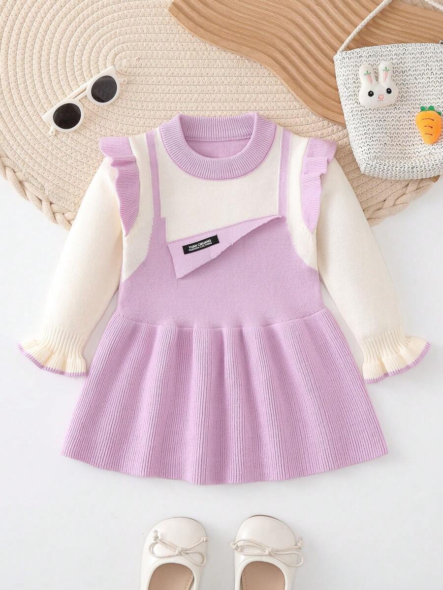 Đứa bé gái Hai âm Viền Ruffle Chi tiết Patched thư tay áo lá sen Đầm Áo len - Màu tím - Xem 1