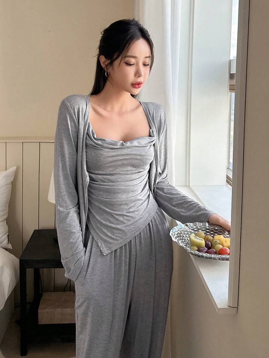 DAZY 女士荷叶边吊带背心、长裤和睡袍家居服套装，秋季睡衣，舒适保暖套装，冬季 - 灰色 - 查看 1