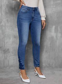 SHEIN LUNE Jeans Ajustados De Mujer Con Bolsillos Inclinados Y Detalles De Botones
