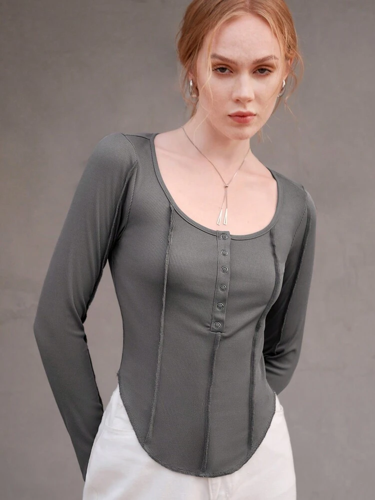 Scoop Neck Seam Detail Curved Hem Tee