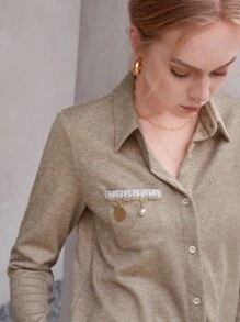 SHEIN Essnce 素色前紐扣拼接邊T恤和褲子 - 杏色 - 查看 4