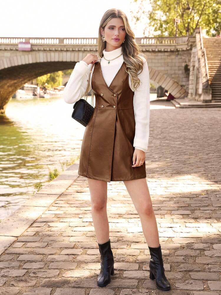 Button Front PU Leather Dress Without Shirt Winter Elegant Brown Evening Dress