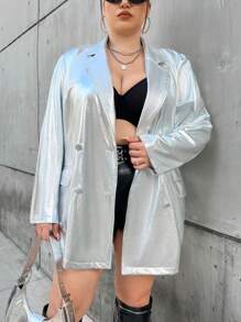 SHEIN ICON 大碼西裝領翻蓋細節西裝外套 - 銀色 - 查看 1