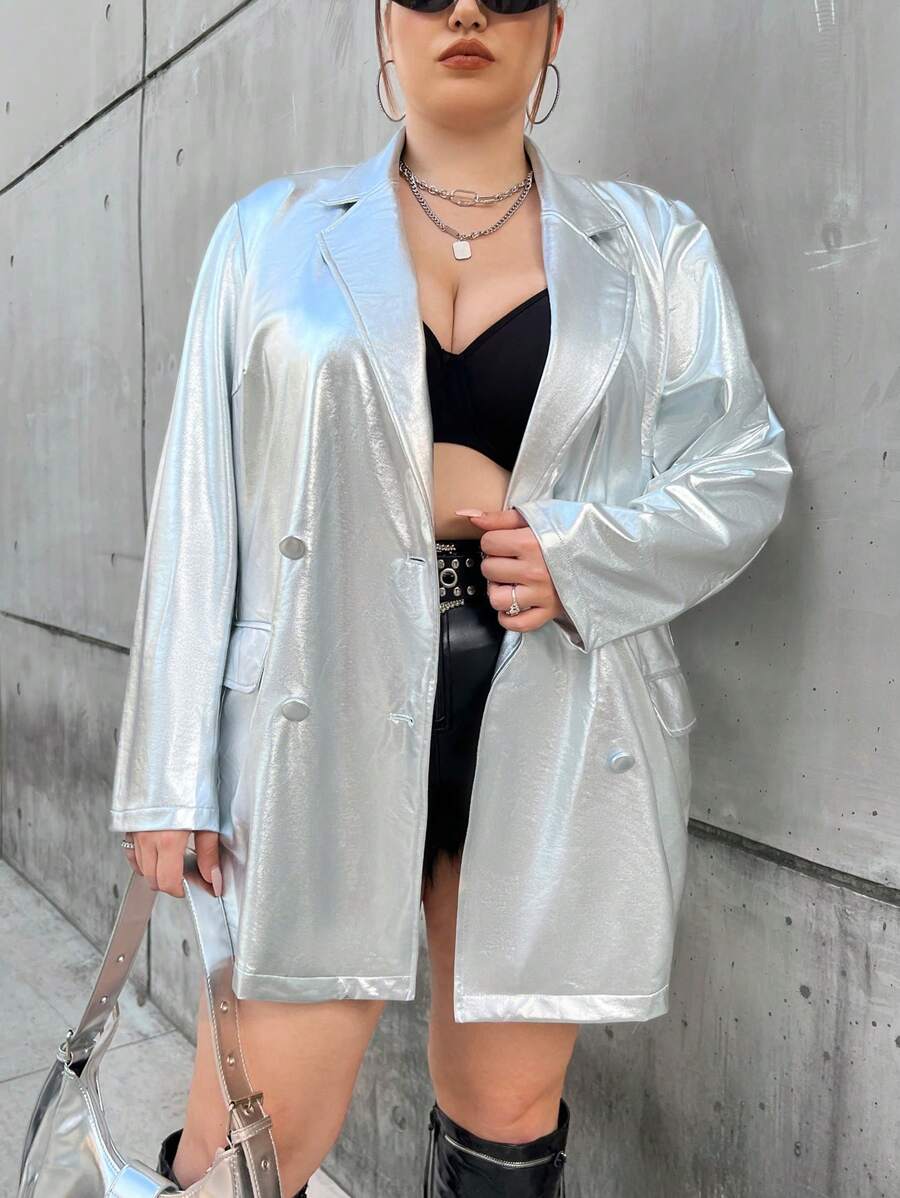 SHEIN ICON 大碼西裝領翻蓋細節西裝外套 - 銀色 - 查看 1