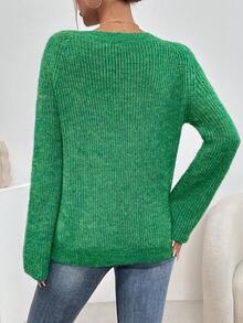 SHEIN Essnce Đúng mốt Vòng cổ Màu thuần Tay Raglan Áo len - trắng - Xem 2
