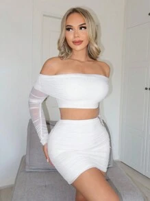 SHEIN SXY 女士翻领露肩褶饰短款上衣和修身半身裙 - 白色 - 查看 3