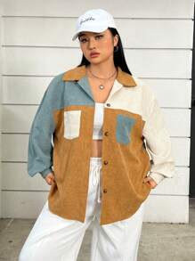 SHEIN EZwear Plus Colorblock Drop Shoulder Corduroy Coat - Multicolor - View 1