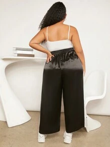 SHEIN CURVE+ 大碼腰部抽繩闊腿褲 - 黑色 - 查看 2