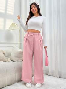 SHEIN EZwear Hơn Cao eo Chi tiết nếp Quần tây - Bụi hồng - Xem 4