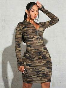 SHEIN SXY Giải trí Của phụ nữ Tay áo dài Ngụy trang In Dây kéo Đầm - Nhiều màu - Xem 5