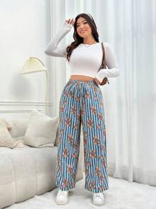 SHEIN EZwear Plus Size Cute Bear, Striped & Printed Pants - Multicolor - View 4