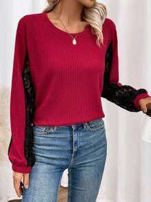 SHEIN LUNE Color Block Sequin Patchwork T-shirt - Burgundy - View 5