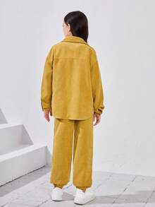 SHEIN 少女字母拼接抽肩灰絨衫和褲子 - 黃色 - 查看 2