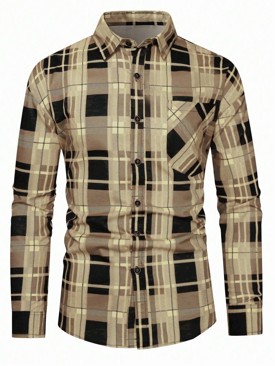 Manfinity Mode Men's Loose Plaid Print Shirt With Pocket Patch Detail - Multicolor - View 1