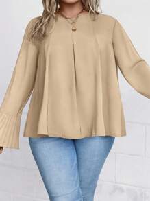 SHEIN LUNE Của phụ nữ Kích thước lớn Xếp li Tay áo loe Áo sơ mi - Màu Khaki - Xem 3