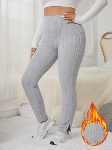 SHEIN EZwear Plus Solid Split Hem Thermal Lined Pants - Light Grey - View 1