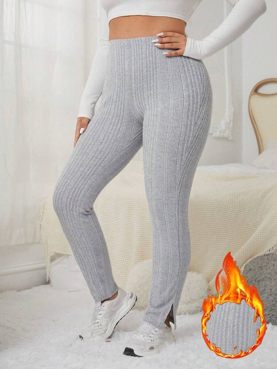 SHEIN EZwear Plus Solid Split Hem Thermal Lined Pants - Light Grey - View 1