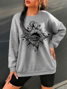 SHEIN EZwear 加大碼寬鬆圓領眼鏡圖案毛衣,掉肩設計 - 淺灰色 - 查看 5