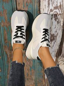 舒服的防滑學生女性繫帶拼貼休閒跑步鞋,運動鞋 - 灰色 - 查看 5