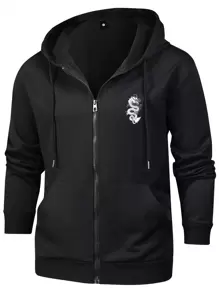 秋冬季男士新款外套,美式復古龍圖案印花,帶拉鍊的口袋和可調節的束口,連帽款式,適用於休閒和運動男裝。