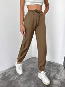 EURMUSE 女式前開衩高腰九分褲 - 駝色 - 查看 1