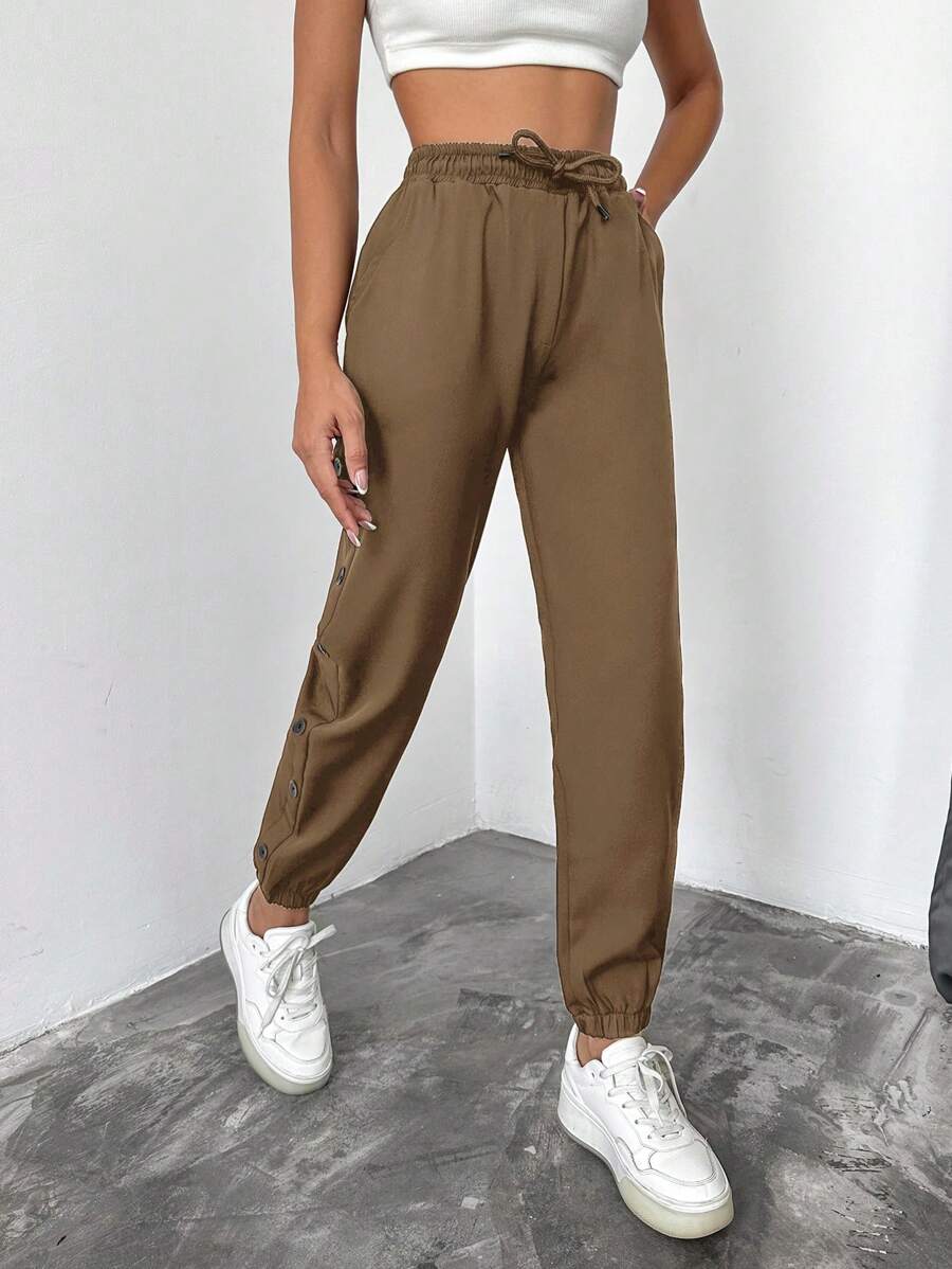 EURMUSE 女式前開衩高腰九分褲 - 駝色 - 查看 1