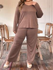 EMERY ROSE Women's Plus Size V-neck Drop Shoulder Two-piece Set - Rust Brown - View 4