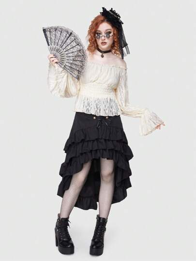 ROMWE Avant Women's Lace Off Shoulder Shirred Blouse