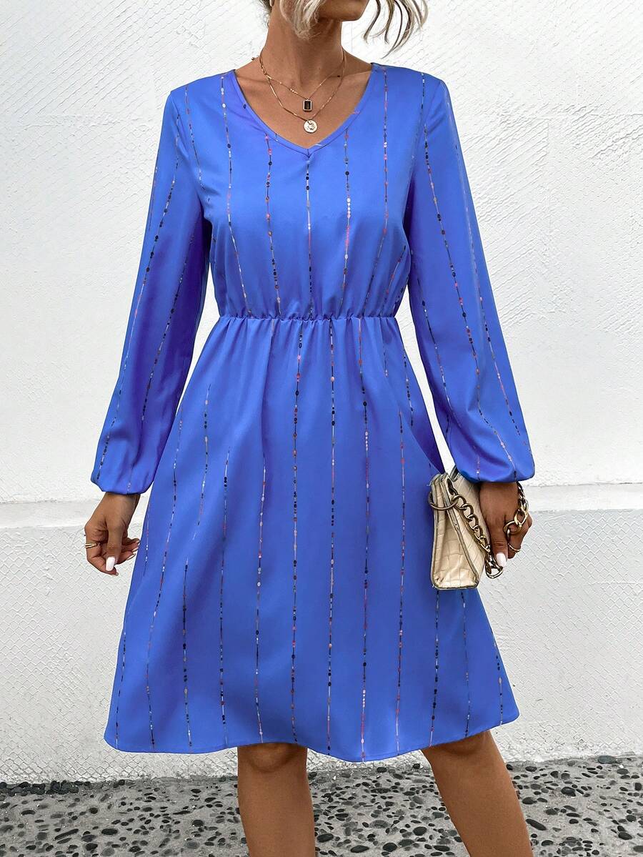 SHEIN LUNE Striped Print Lantern Sleeve A-line Dress - Royal Blue - View 1