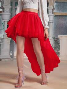 SHEIN MOD High Low Hem Mesh Skirt - Red - View 2