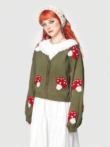 ROMWE Fairycore 女士香菇圖案下垂肩針織開衫毛衣 - 綠色 - 查看 3