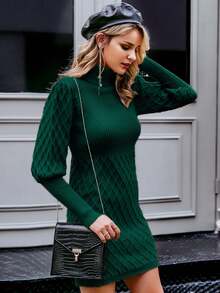 Simplee Áo cao cổ Tay áo chân cừu Đầm Áo len - Màu xanh lá cây đậm - Xem 3