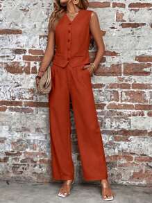 SHEIN LUNE Women Suit Sets Kantong Tombol Depan Plain Casual - Mocha Brown - View 1