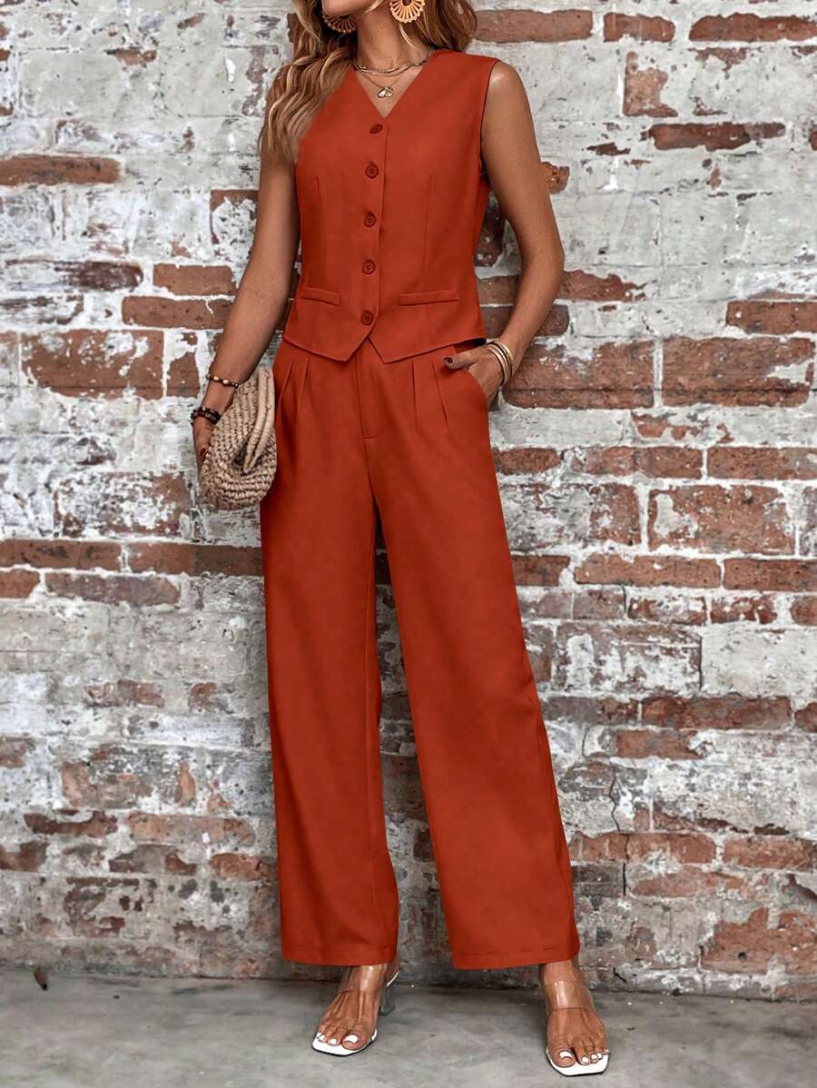 SHEIN LUNE Women Suit Sets Kantong Tombol Depan Plain Casual - Mocha Brown - View 1