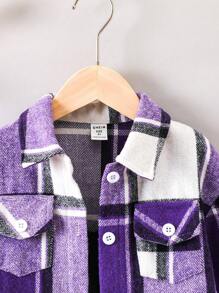 SHEIN 女小童格紋翻蓋口袋前紐扣襯衫 - 紫色 - 查看 4
