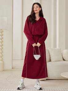 Mulvari 勃艮第红色半拉链饰边上衣和裙子套装 - 酒紅色 - 查看 3