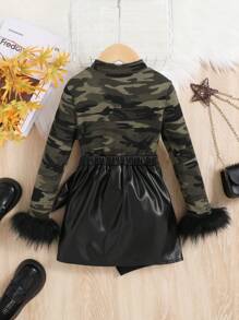 SHEIN Young Girl Stylish Streetwear Camo Knit Long Sleeve Top With Pu Leather Skirt