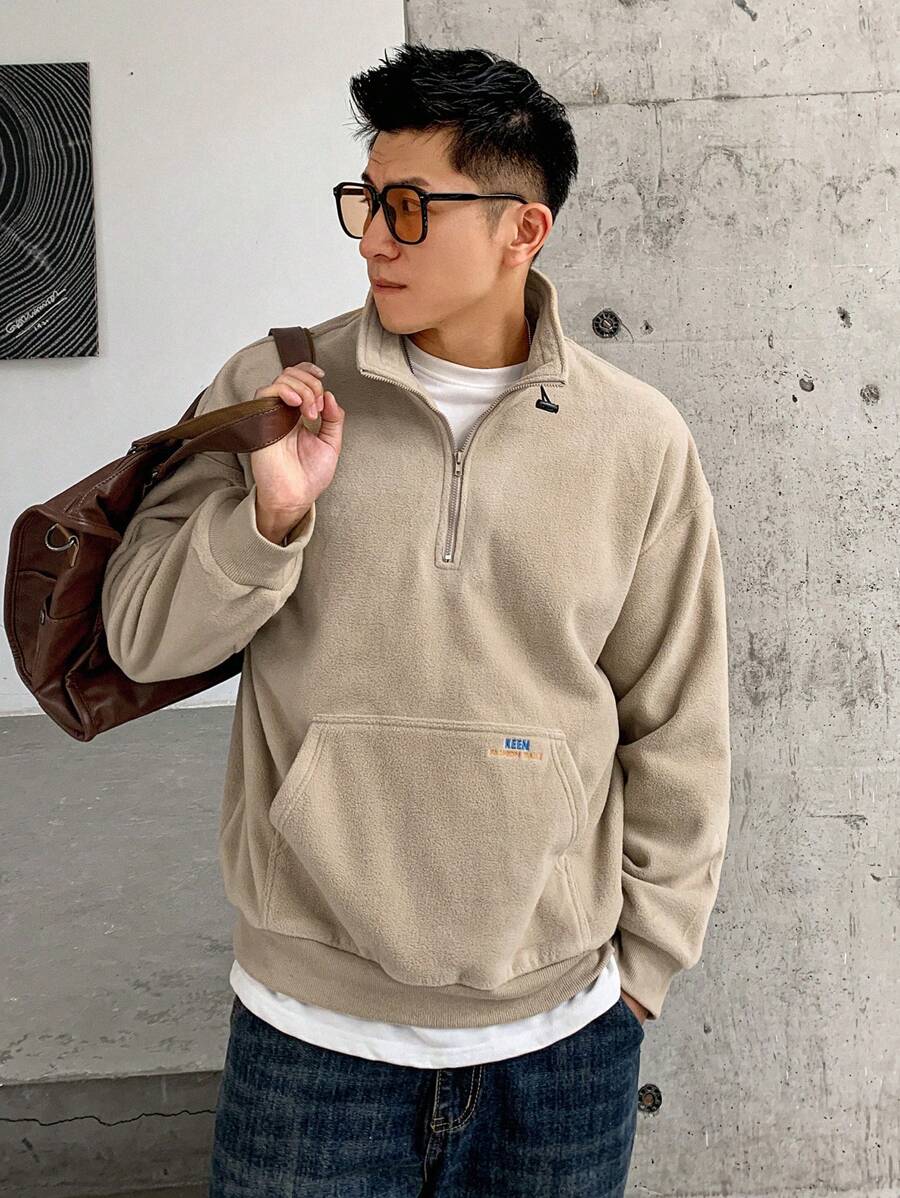DAZY Nam Thư thêu Nửa Zip Áo nỉ Với dây kéo - Màu Khaki - Xem 1
