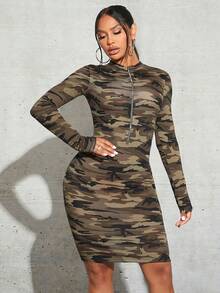 SHEIN SXY Giải trí Của phụ nữ Tay áo dài Ngụy trang In Dây kéo Đầm - Nhiều màu - Xem 4