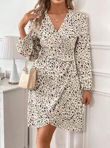 SHEIN Frenchy Women's Floral Lantern Sleeve Wrap Hem Dress Winter Casual - Multicolor - View 3