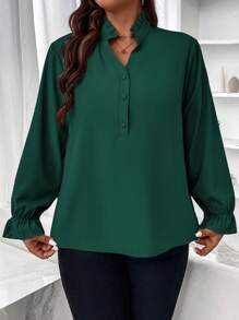 SHEIN CURVE+ 加荷葉邊袖前扣襯衫 - 墨綠色 - 查看 1