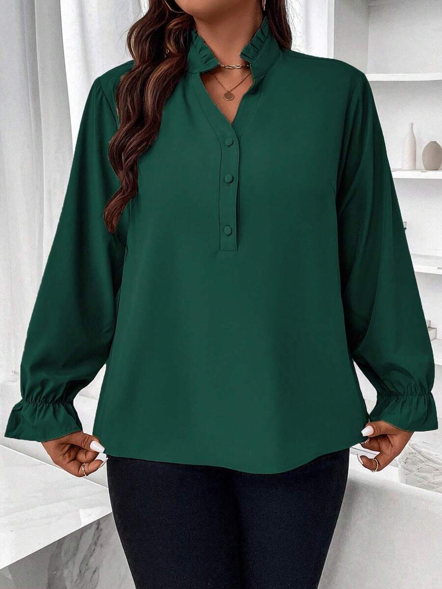 SHEIN CURVE+ 加荷葉邊袖前扣襯衫 - 墨綠色 - 查看 1