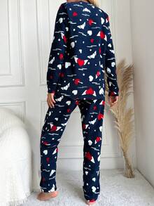 RueChic Letter And Heart Embroidery Flannel Pajama Set - Red - View 2