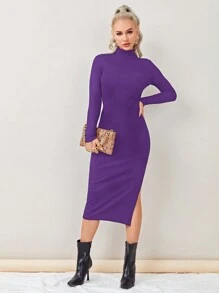 SHEIN Essnce Cổ giả Tách đùi Đồ đan Ribbed Váy bodycon - Màu tím  Violet - Xem 1
