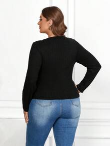 SHEIN Clasi Kích thước lớn Thon gọn Ren & Gân đan Vá lại Áo thun - màu đen - Xem 2